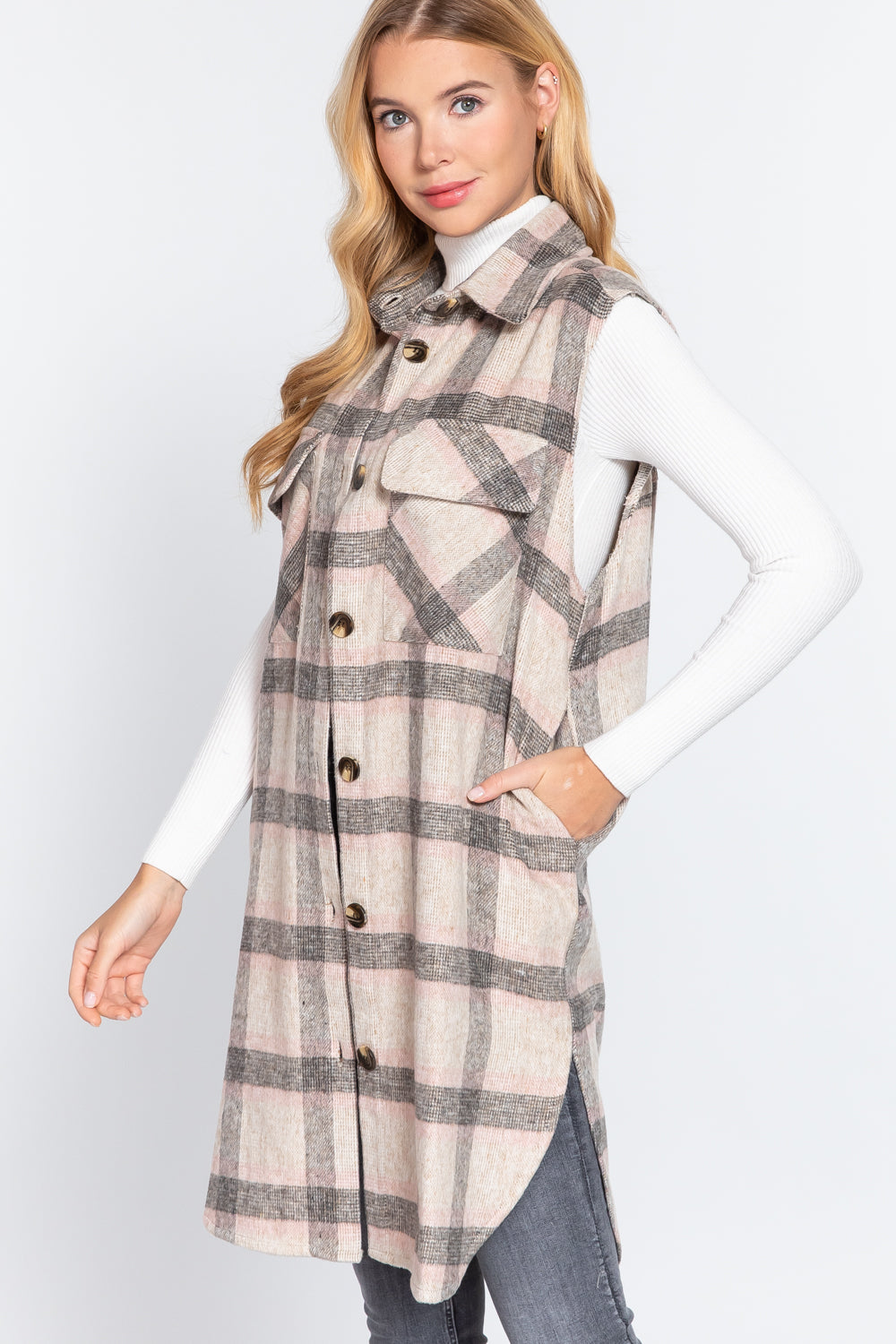 Notched Collar Brushed Plaid Vest - 2 styles - women's vest at TFC&H Co.