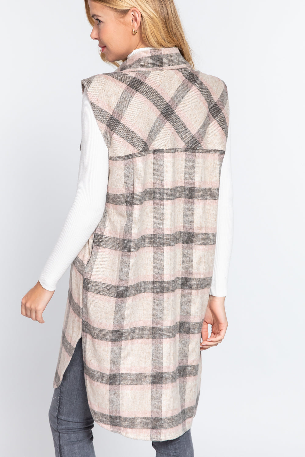 Notched Collar Brushed Plaid Vest - 2 styles - women's vest at TFC&H Co.