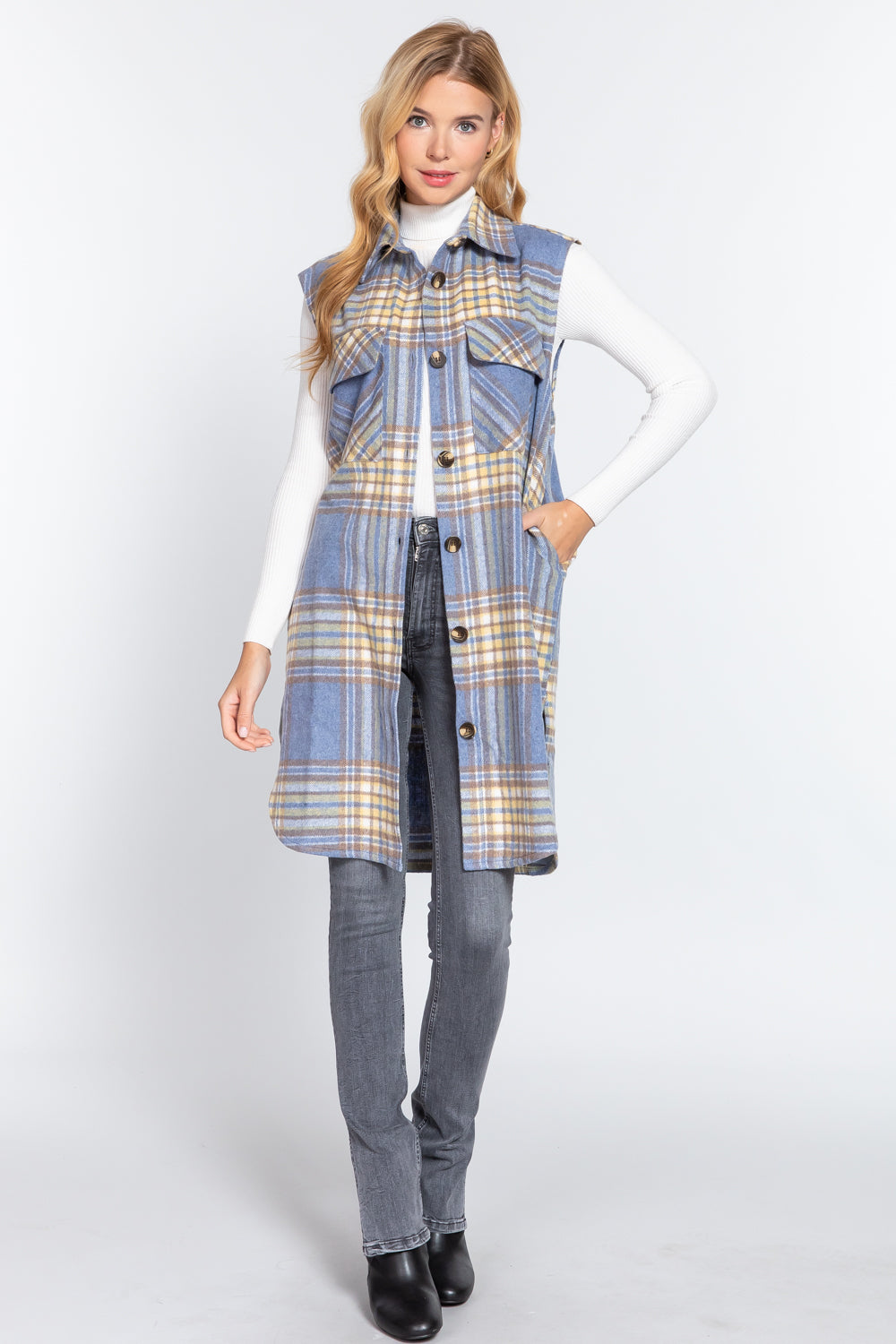 Notched Collar Brushed Plaid Vest - 2 styles - women's vest at TFC&H Co.