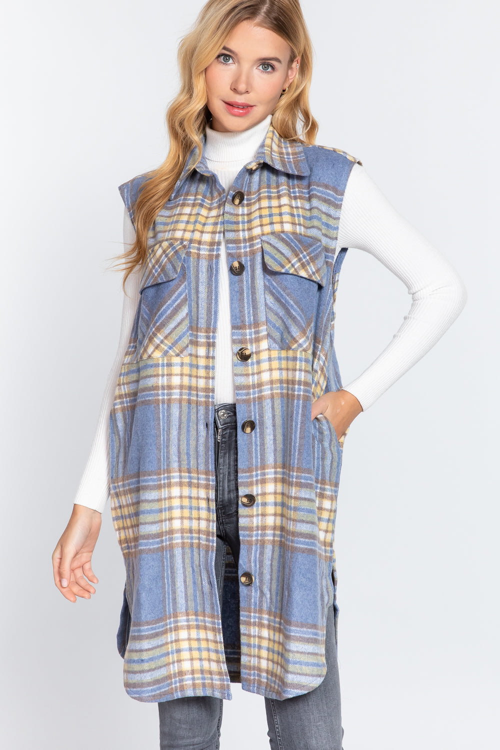 Notched Collar Brushed Plaid Vest - 2 styles - women's vest at TFC&H Co.