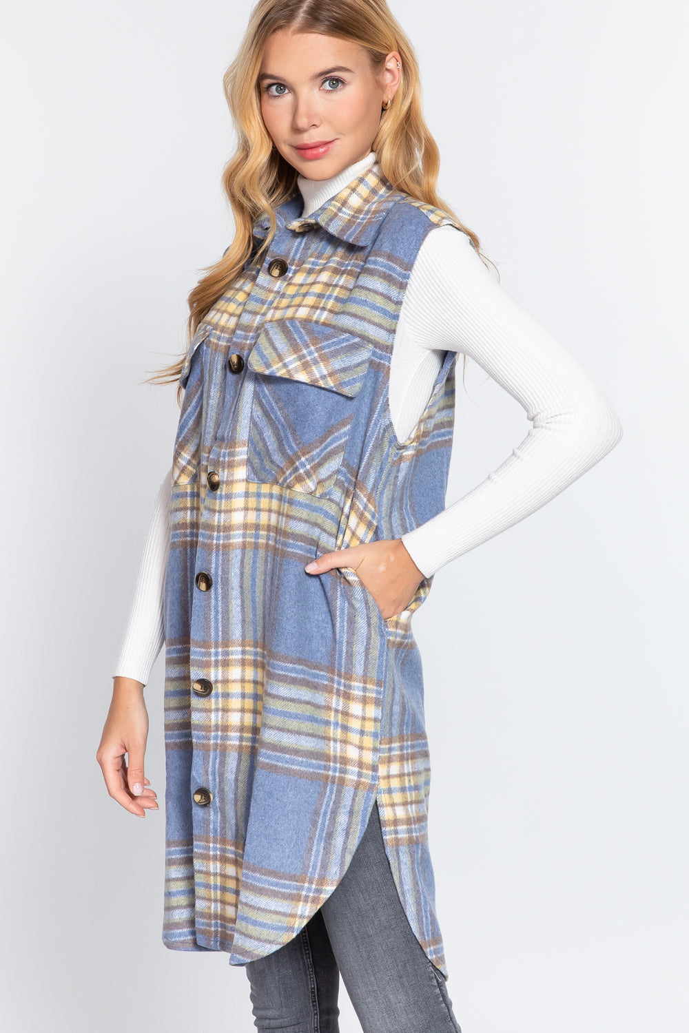 Notched Collar Brushed Plaid Vest - 2 styles - women's vest at TFC&H Co.