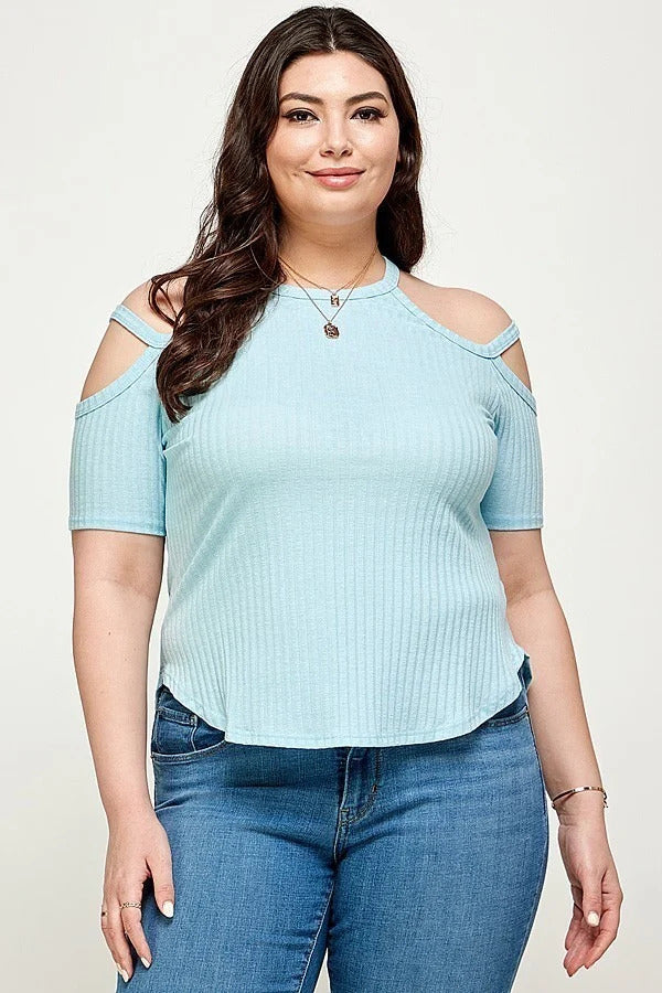 Voluptuous (+) Plus Size Solid Ribbed Cold Shoulder Top - women's shirt at TFC&H Co.