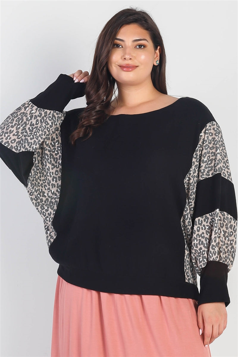 3XL - Voluptuous (+) Plus Black Flannel Leopard Print Colorblock Dolman Sleeve Top - womens shirt at TFC&H Co.