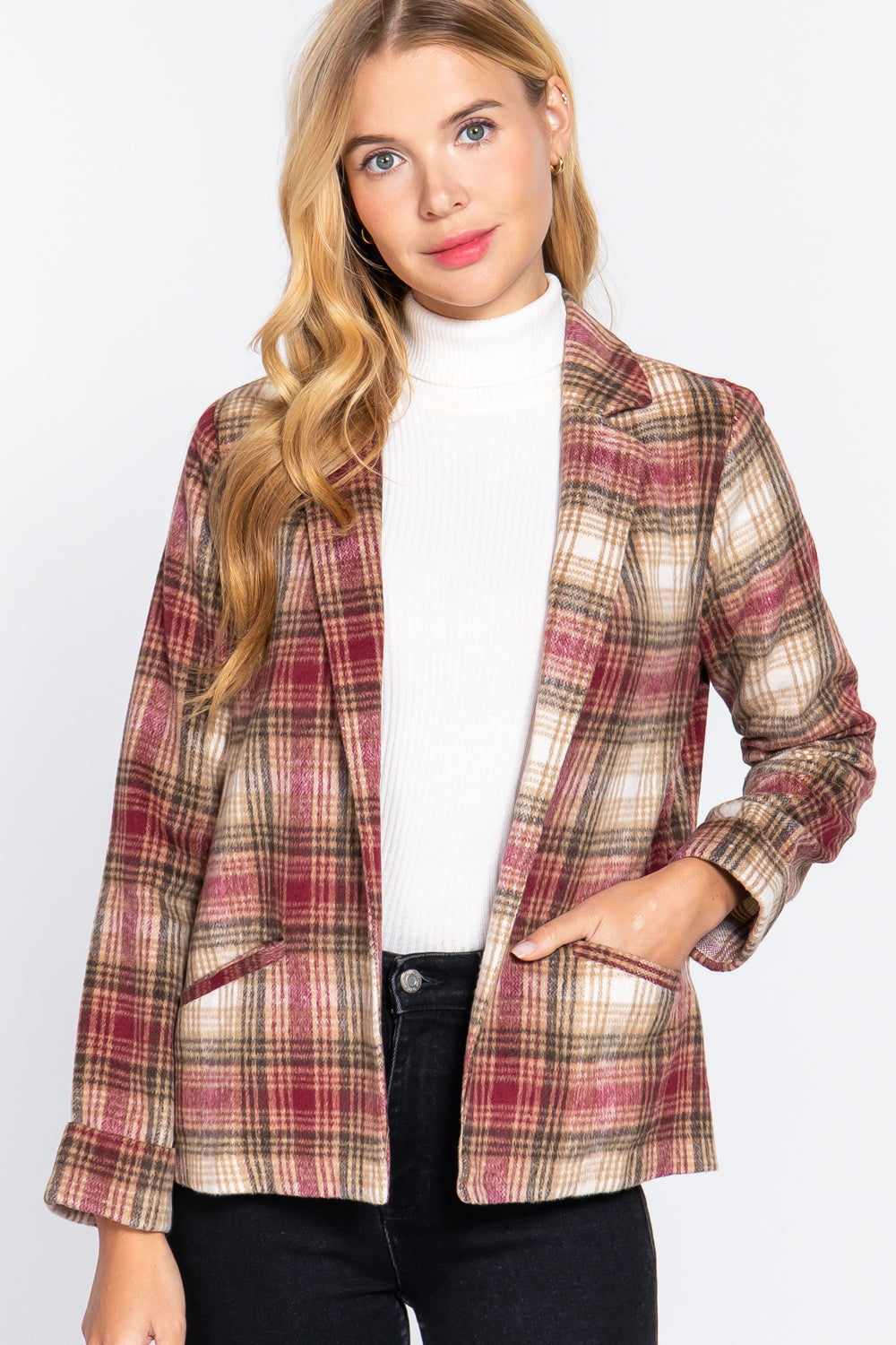 Wine Brown - Notched Collar Plaid Jacket - 2 colors - womens blazer at TFC&H Co.
