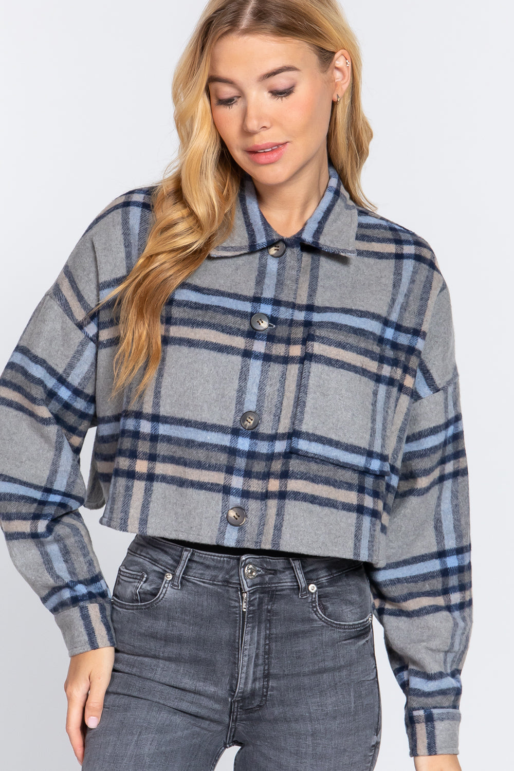 L - Wool Plaid Oversized Crop Shacket - womens shacket at TFC&H Co.