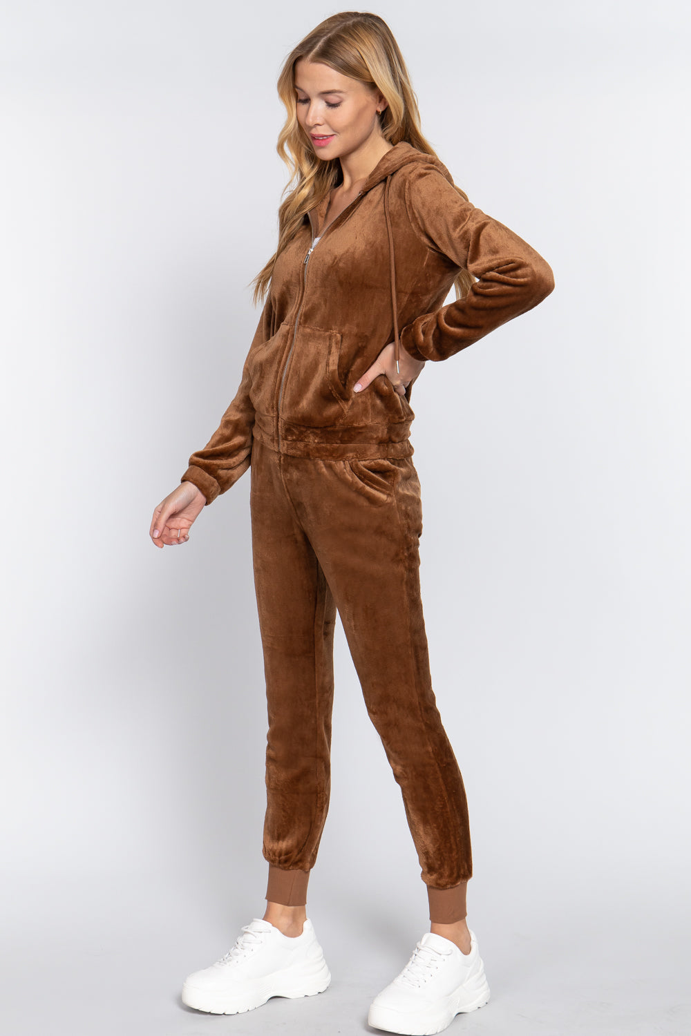 Brown - Faux Fur Jacket & Jogger Pants Outfit Set - 9 colors - womens jogging set at TFC&H Co.