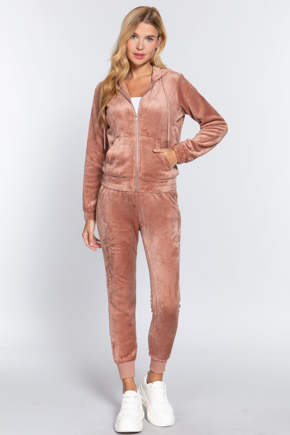 Sand Pink - Faux Fur Jacket & Jogger Pants Outfit Set - 9 colors - womens jogging set at TFC&H Co.