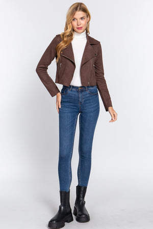 Chocolate - Long Slv Biker Faux Suede Short Jacket - 2 colors - womens jacket at TFC&H Co.