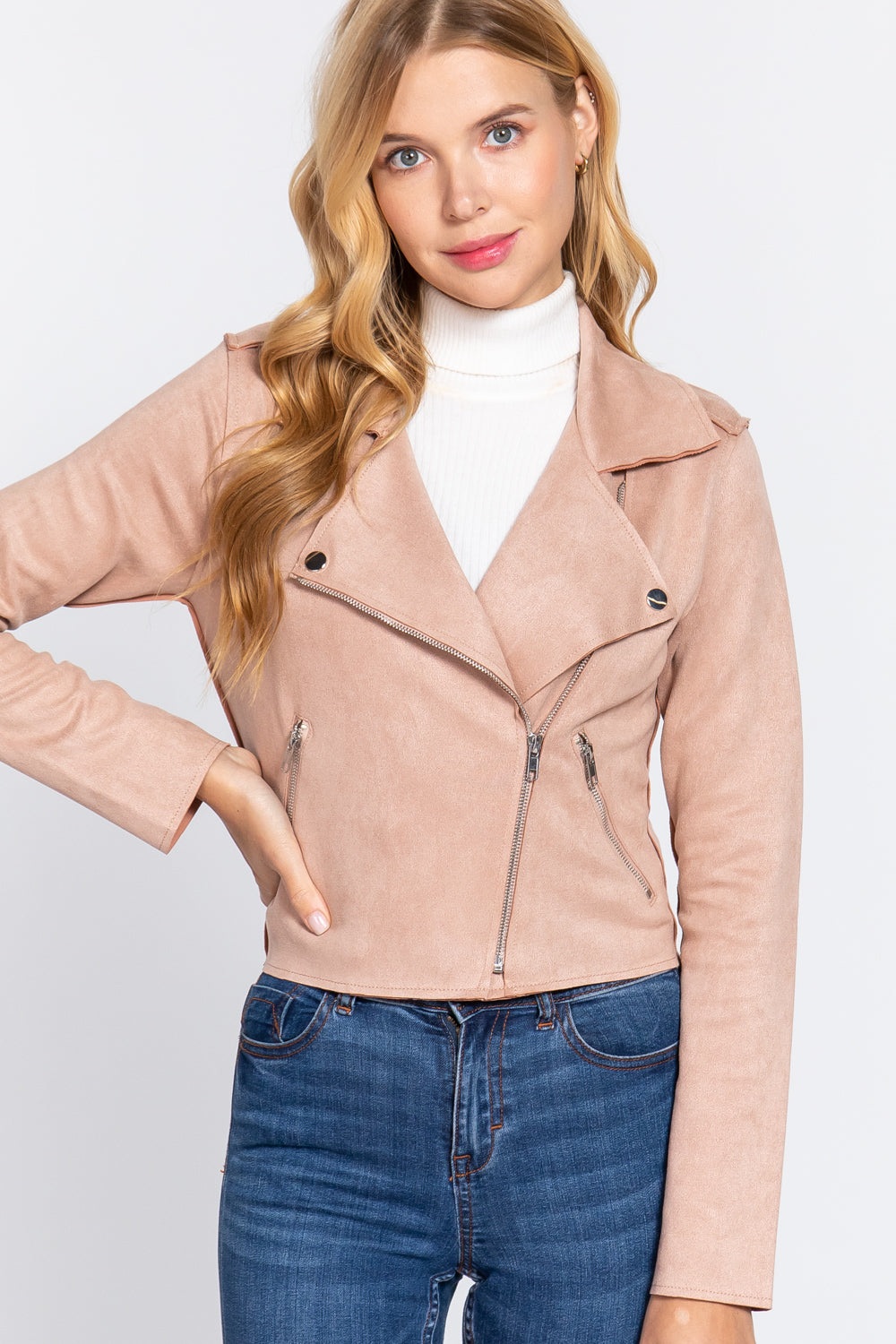Pink - Long Slv Biker Faux Suede Short Jacket - 2 colors - womens jacket at TFC&H Co.