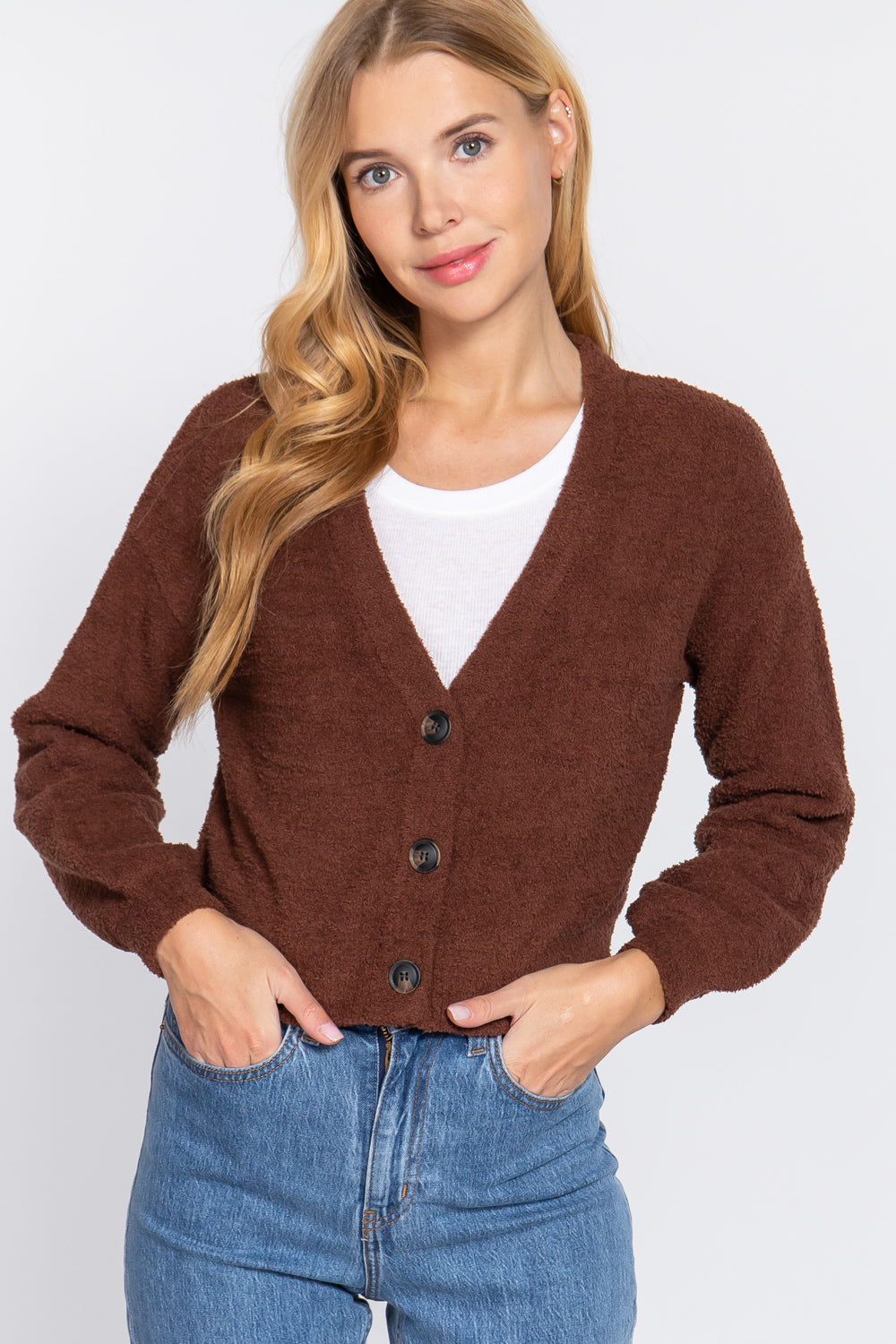 Brown - Long Slv V-neck Sweater Cardigan - 2 colors - womens sweater at TFC&H Co.