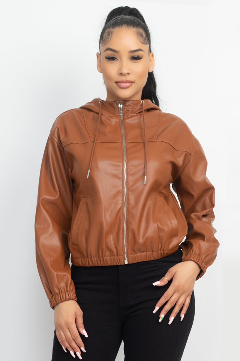 Camel - Faux Leather Hoodie Jacket - 2 colors - womens jacket at TFC&H Co.