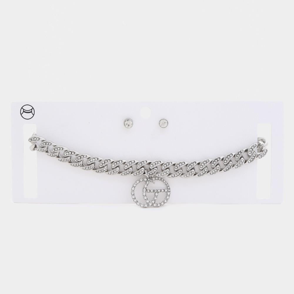 RHODIUM - Double Circle Rhinestone Charm Curb Link Choker Necklace - Ships from The US - necklaces at TFC&H Co.