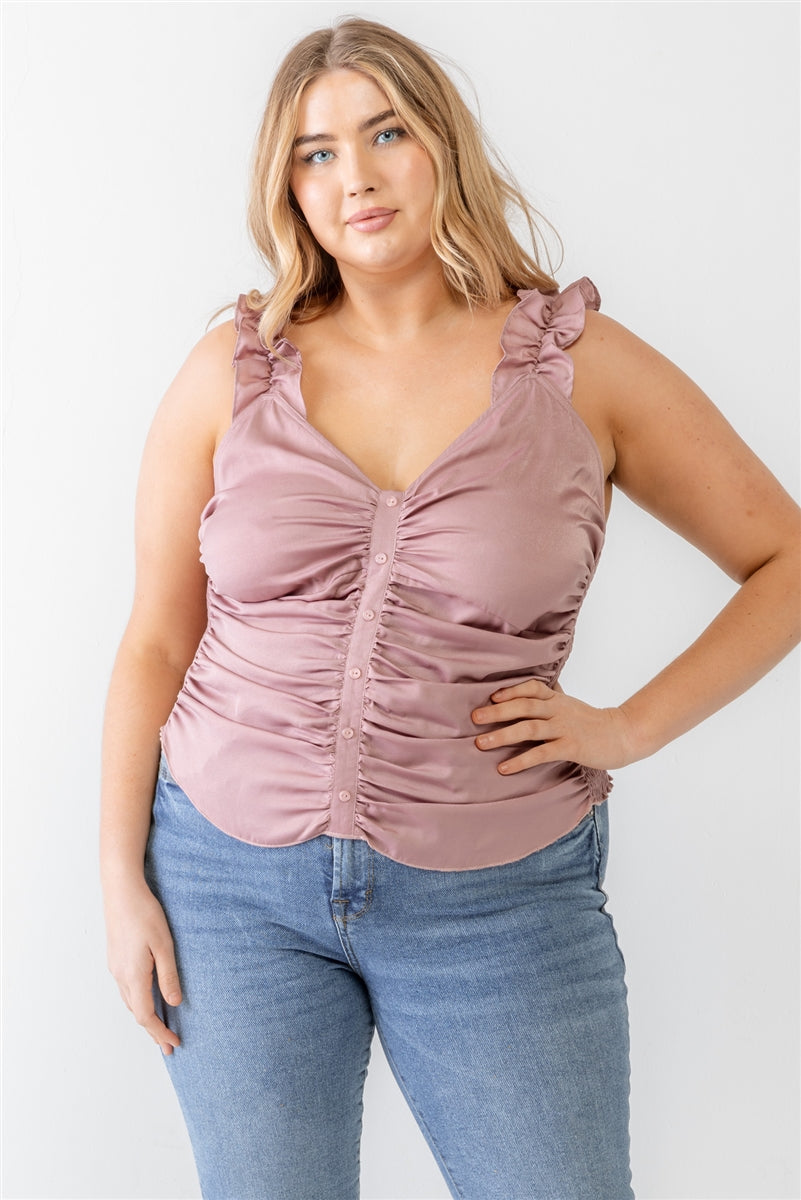 - Voluptuous (+) Plus Ruched Button-up Ruffle Strap Smocked Back Tank Top - Ships from The US - womens tank top at TFC&H Co.