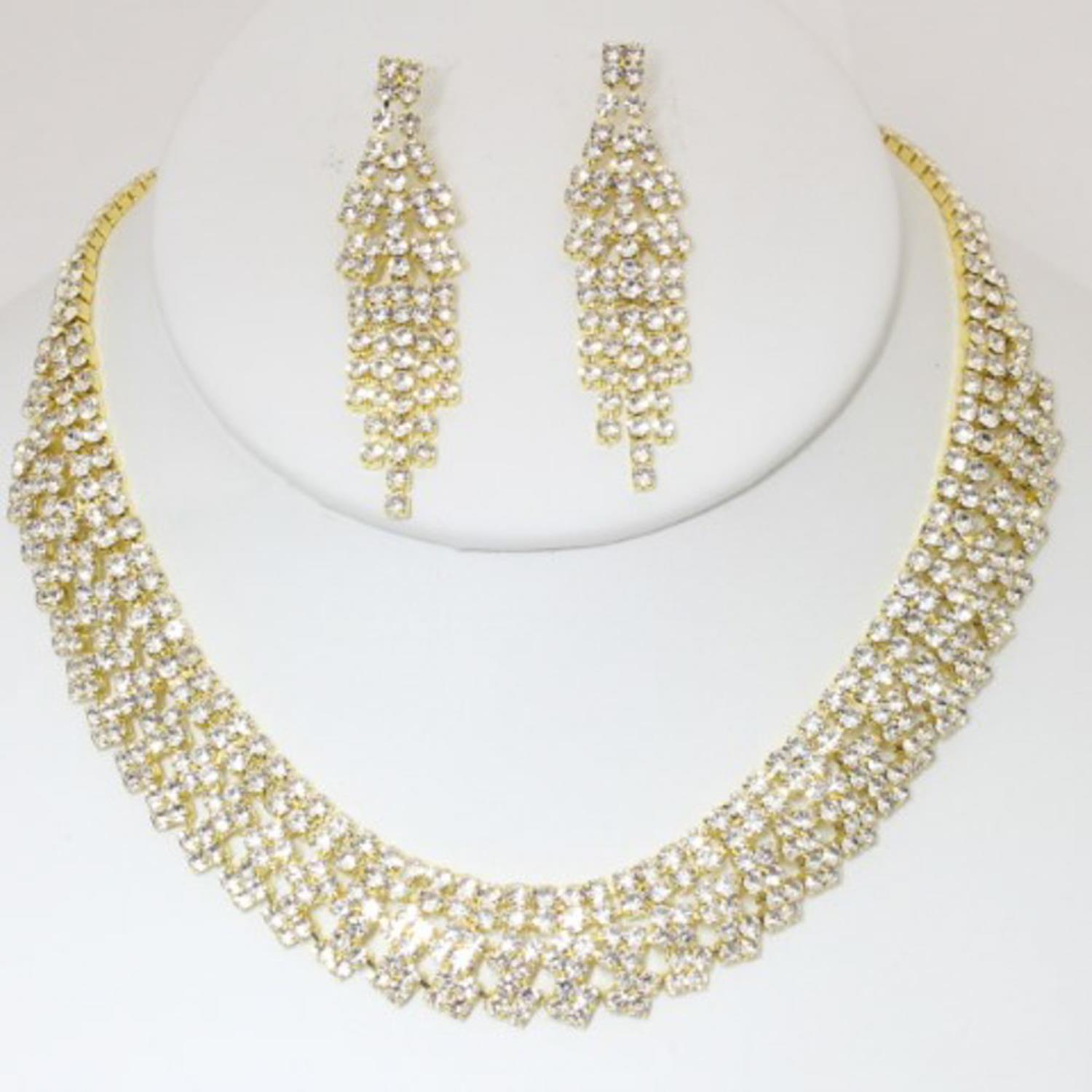 GOLD - Rhinestone Necklace Earring Set - Ships from The US - necklace at TFC&H Co.