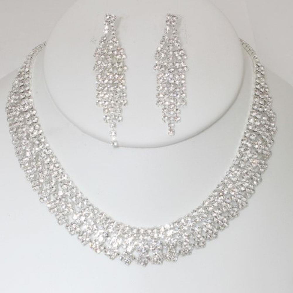 SILVER - Rhinestone Necklace Earring Set - Ships from The US - necklace at TFC&H Co.