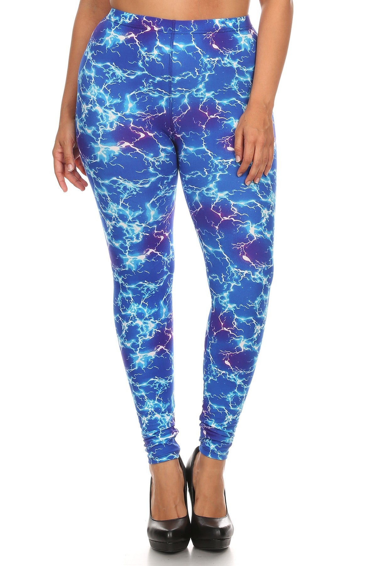 MULTI ONE SIZE FITS MOST - Plus Size Lightning Bolt Print Banded High Waist Leggings - Ships from The USA - womens leggings at TFC&H Co.