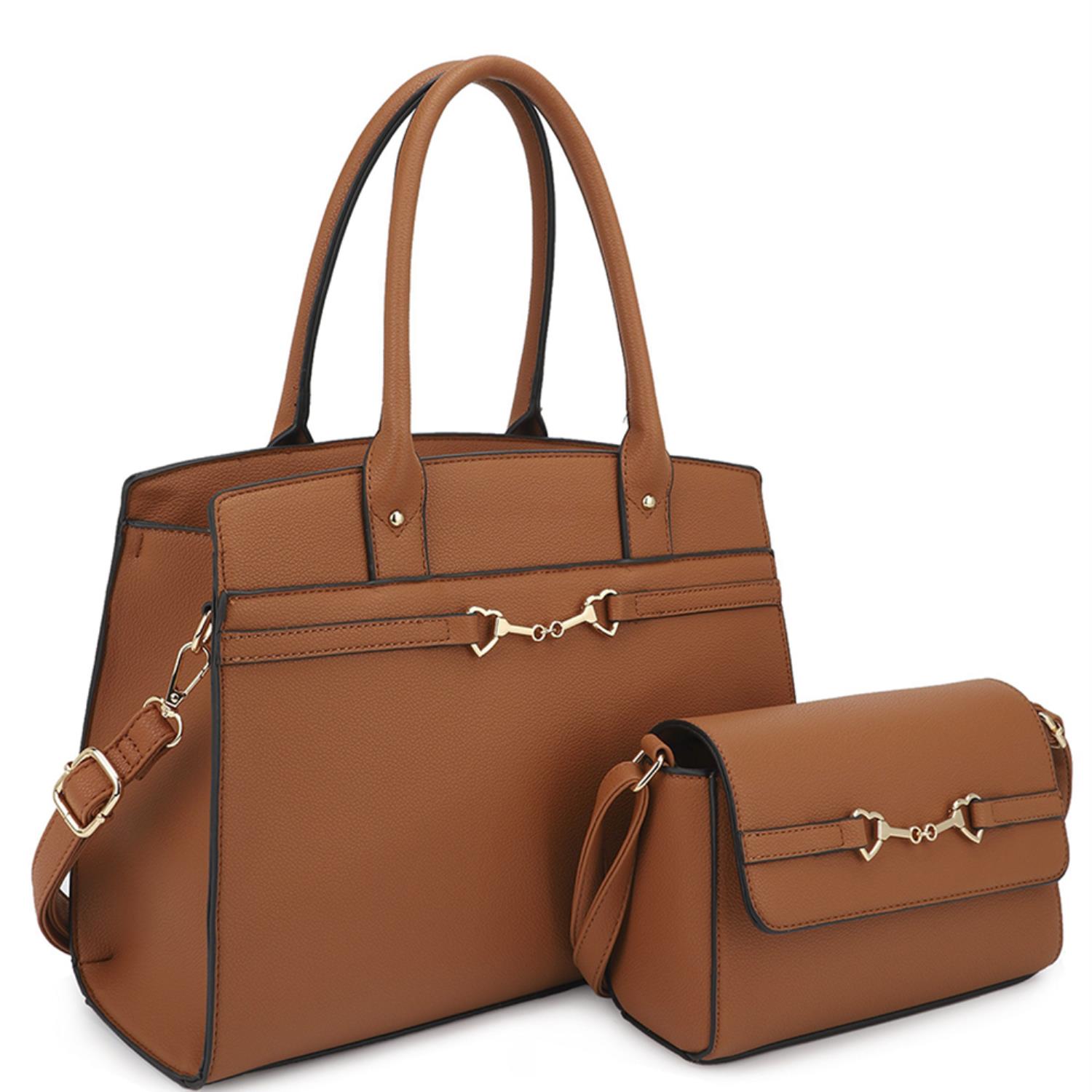 Brown - 2in1 Matching Design Handle Satchel With Crossbody Bag - 5 colors - handbag at TFC&H Co.