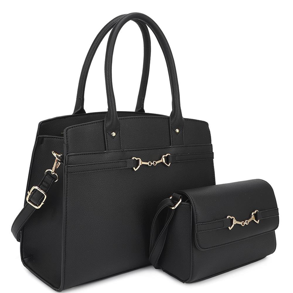 Black - 2in1 Matching Design Handle Satchel With Crossbody Bag - 5 colors - handbag at TFC&H Co.