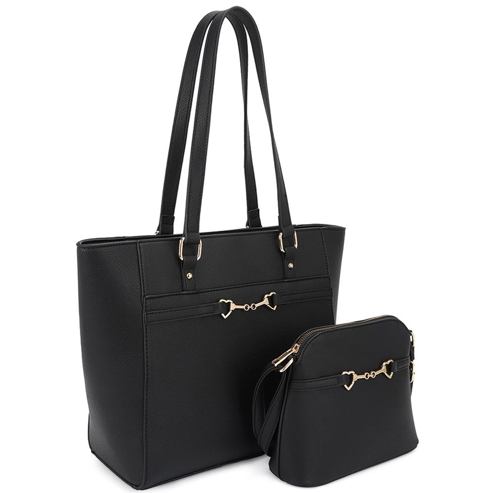 Black - 2in1 Smooth Matching Shoulder Tote Bag With Crossbody Set -5 colors - handbag at TFC&H Co.