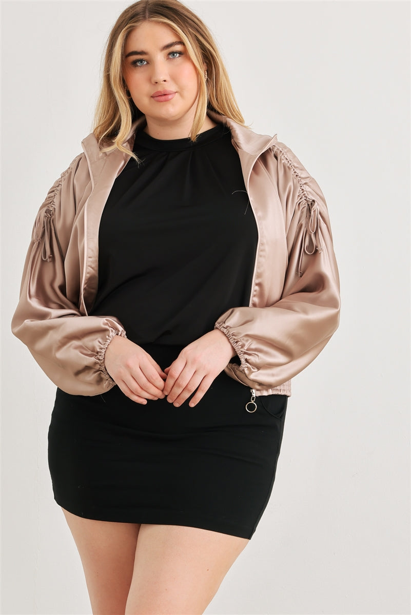 Voluptuous (+) Plus Satin Zip-up Ruched Long Sleeve Cropped Bomber Jacket - 4 colors - women's jacket at TFC&H Co.