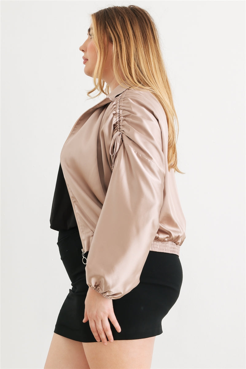 Voluptuous (+) Plus Satin Zip-up Ruched Long Sleeve Cropped Bomber Jacket - 4 colors - women's jacket at TFC&H Co.