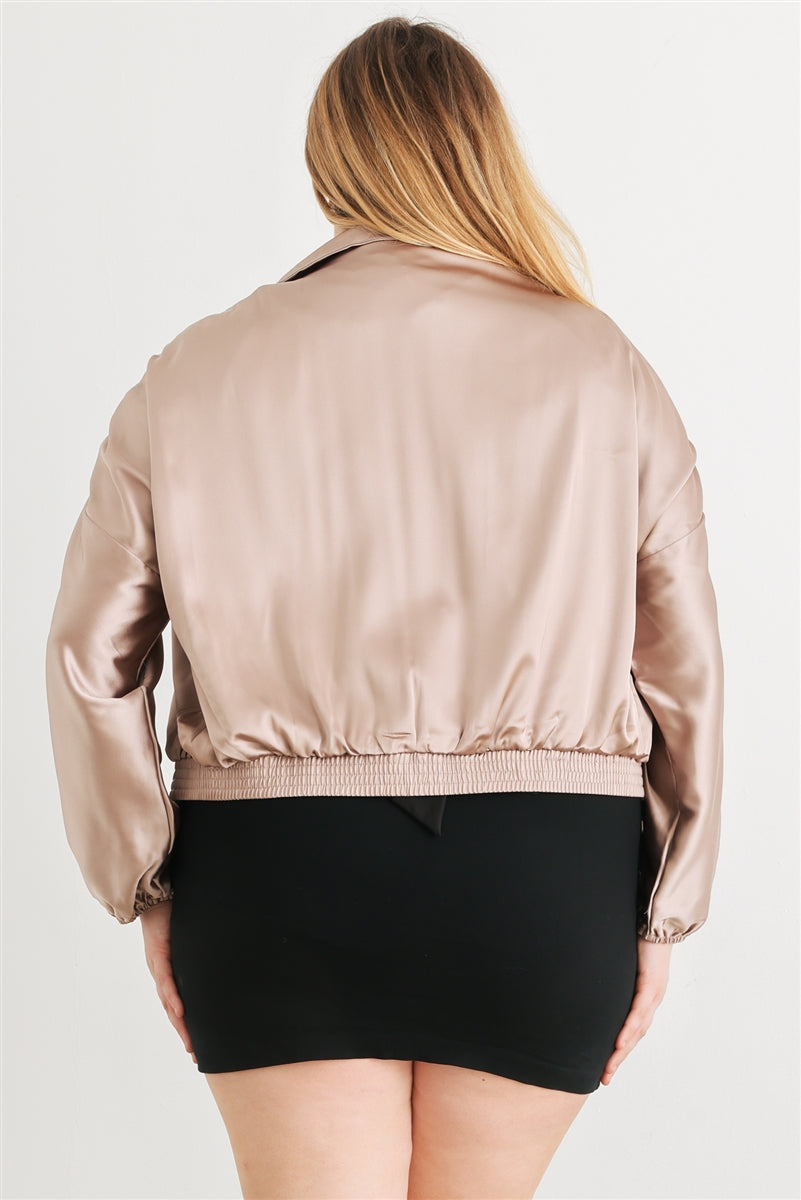 Voluptuous (+) Plus Satin Zip-up Ruched Long Sleeve Cropped Bomber Jacket - 4 colors - women's jacket at TFC&H Co.