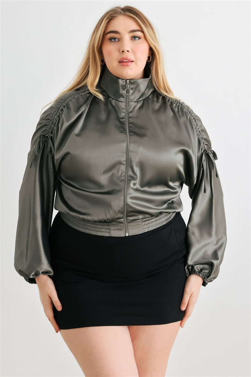 Voluptuous (+) Plus Satin Zip-up Ruched Long Sleeve Cropped Bomber Jacket - 4 colors - women's jacket at TFC&H Co.