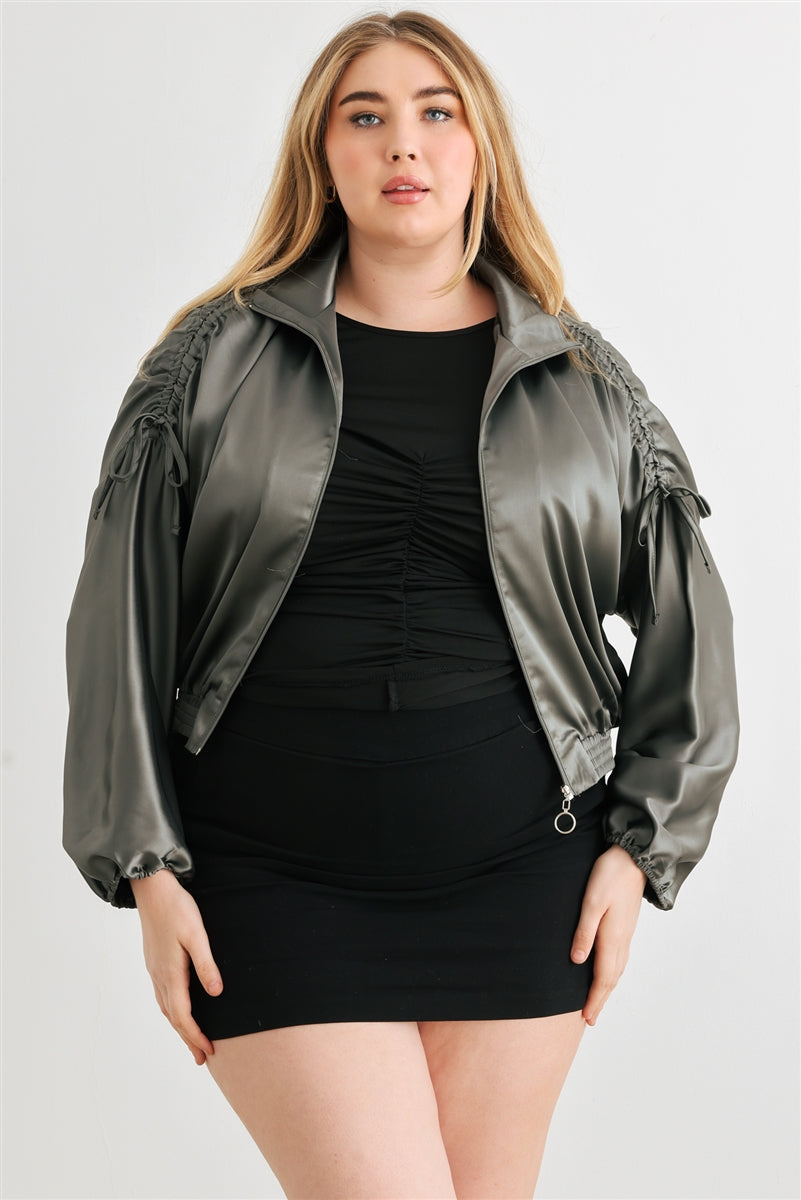 Voluptuous (+) Plus Satin Zip-up Ruched Long Sleeve Cropped Bomber Jacket - 4 colors - women's jacket at TFC&H Co.