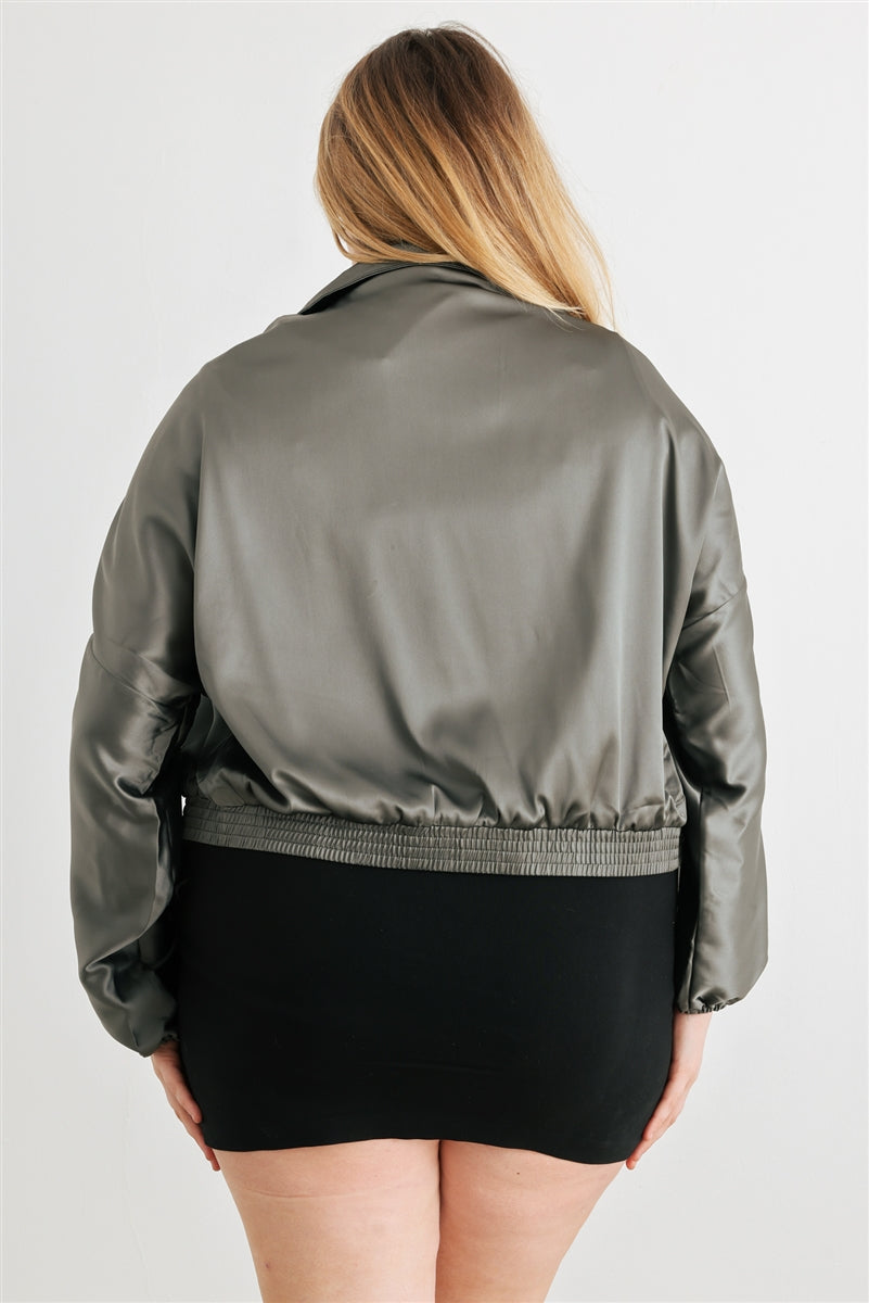 Voluptuous (+) Plus Satin Zip-up Ruched Long Sleeve Cropped Bomber Jacket - 4 colors - women's jacket at TFC&H Co.