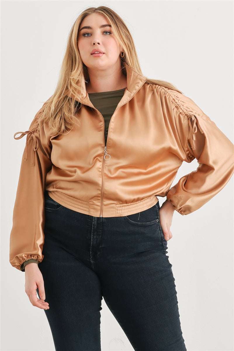 Voluptuous (+) Plus Satin Zip-up Ruched Long Sleeve Cropped Bomber Jacket - 4 colors - women's jacket at TFC&H Co.