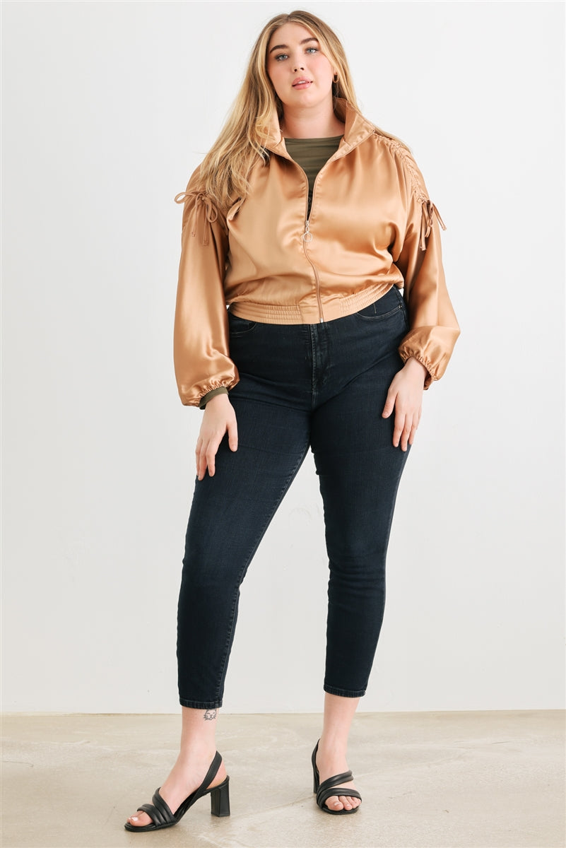 Voluptuous (+) Plus Satin Zip-up Ruched Long Sleeve Cropped Bomber Jacket - 4 colors - women's jacket at TFC&H Co.