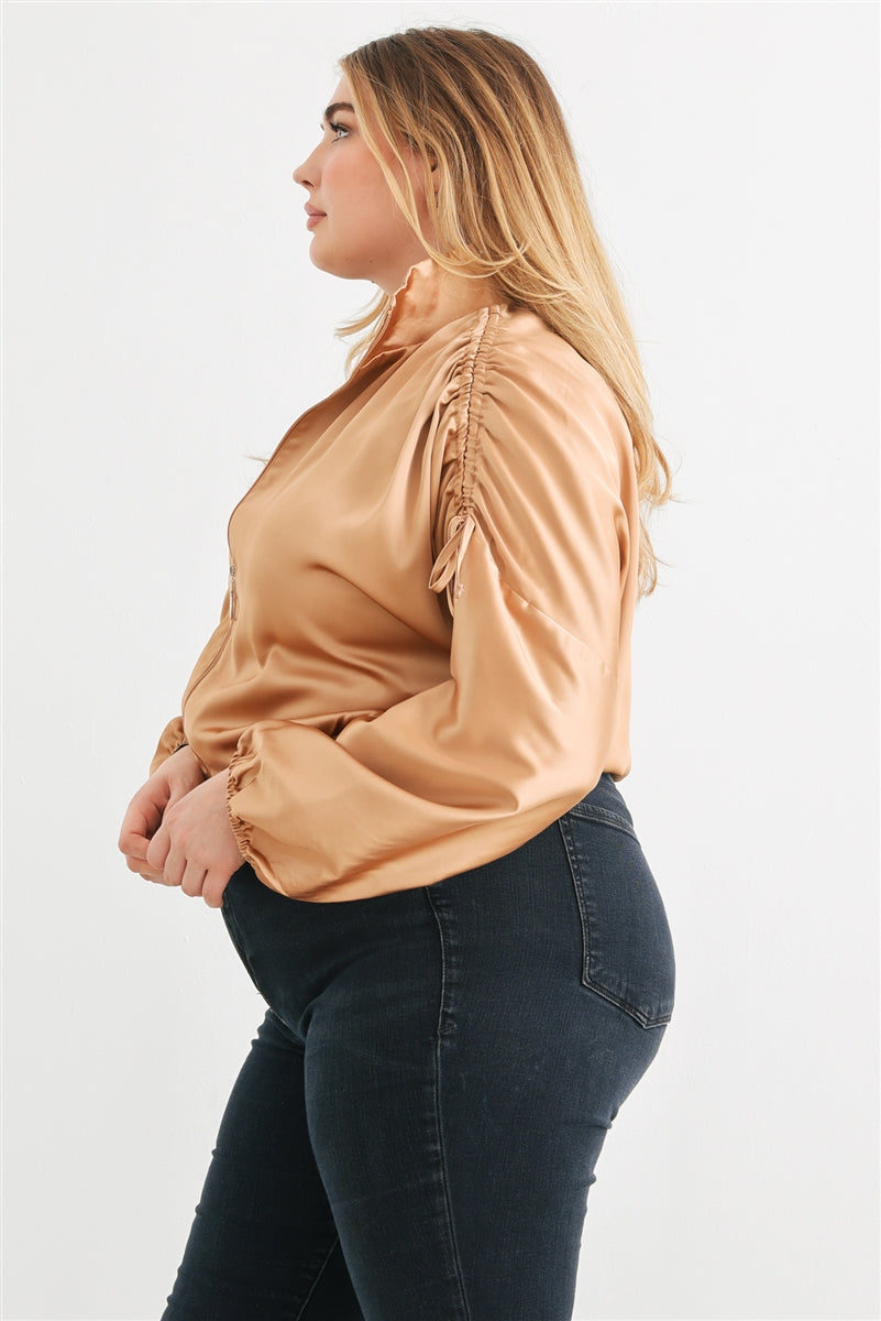 Voluptuous (+) Plus Satin Zip-up Ruched Long Sleeve Cropped Bomber Jacket - 4 colors - women's jacket at TFC&H Co.