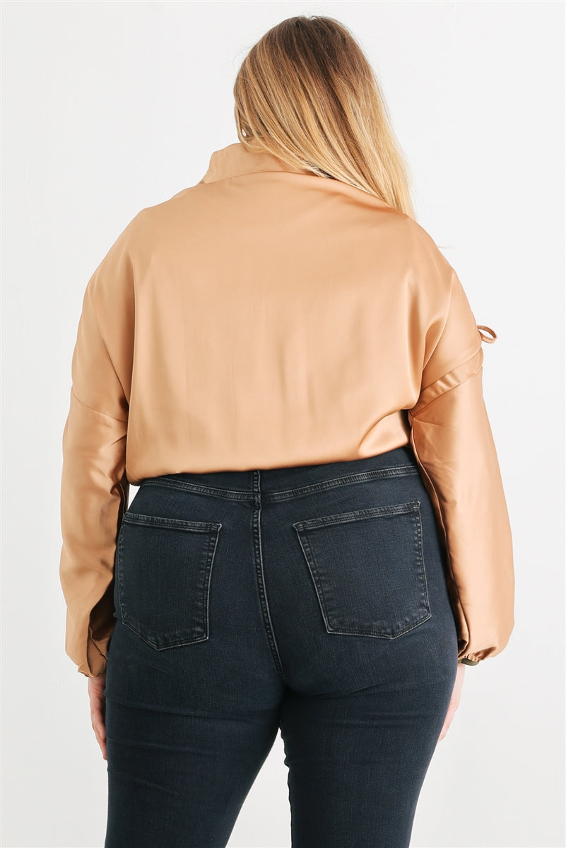 Voluptuous (+) Plus Satin Zip-up Ruched Long Sleeve Cropped Bomber Jacket - 4 colors - women's jacket at TFC&H Co.