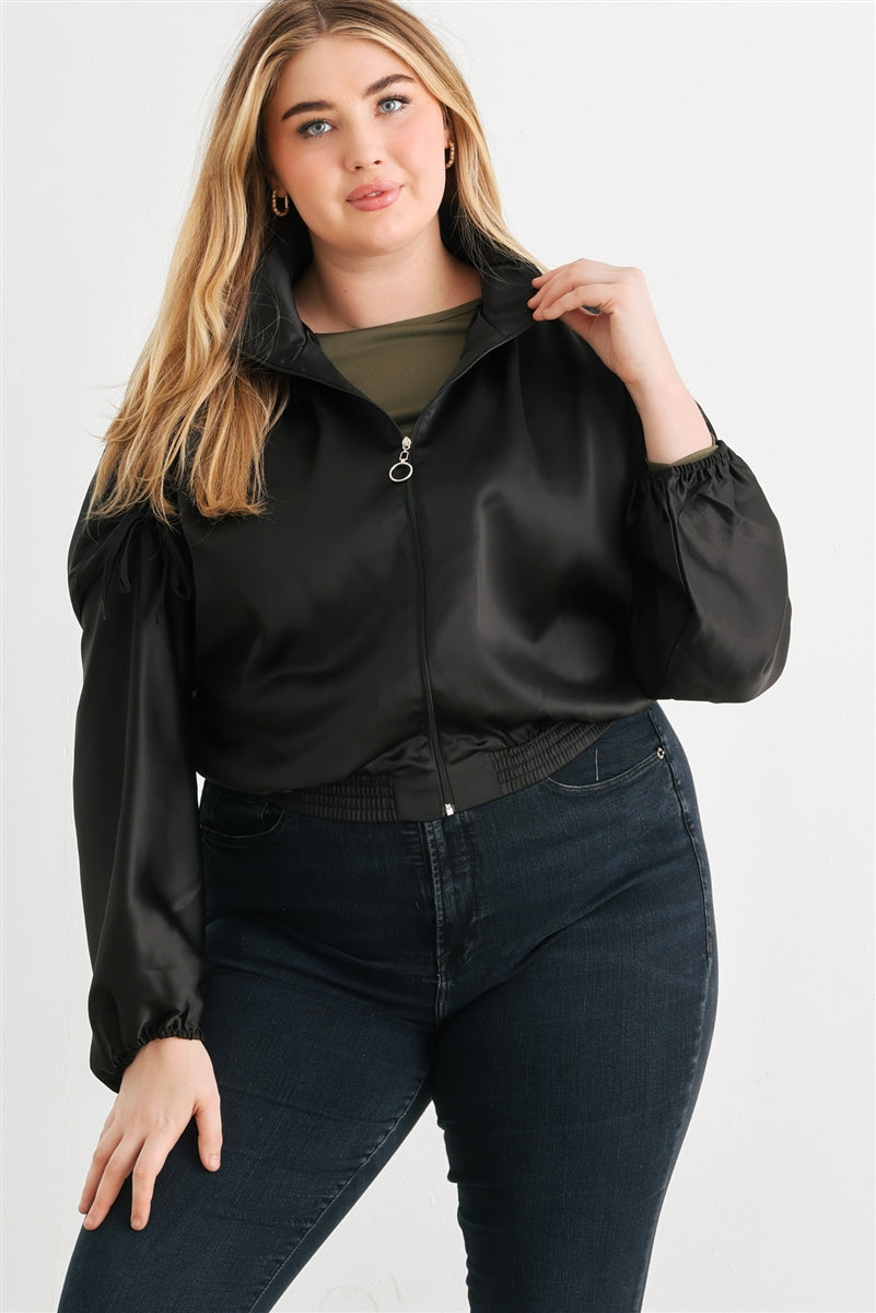 Voluptuous (+) Plus Satin Zip-up Ruched Long Sleeve Cropped Bomber Jacket - 4 colors - women's jacket at TFC&H Co.