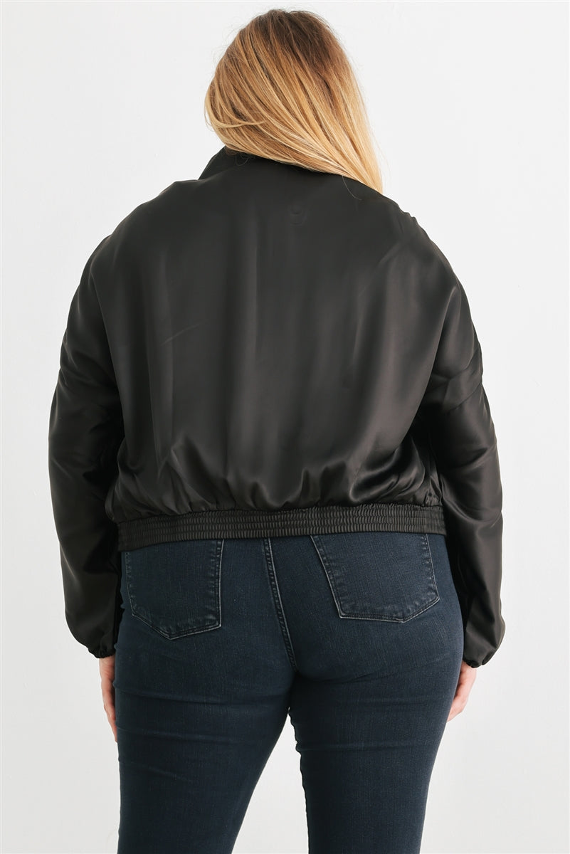 Voluptuous (+) Plus Satin Zip-up Ruched Long Sleeve Cropped Bomber Jacket - 4 colors - women's jacket at TFC&H Co.