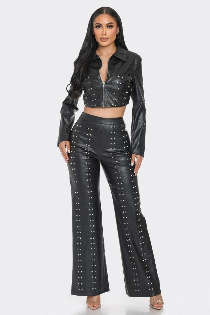 - Faux Leather Outfit Set With Rhinestones - 2 colors - womens pant set at TFC&H Co.