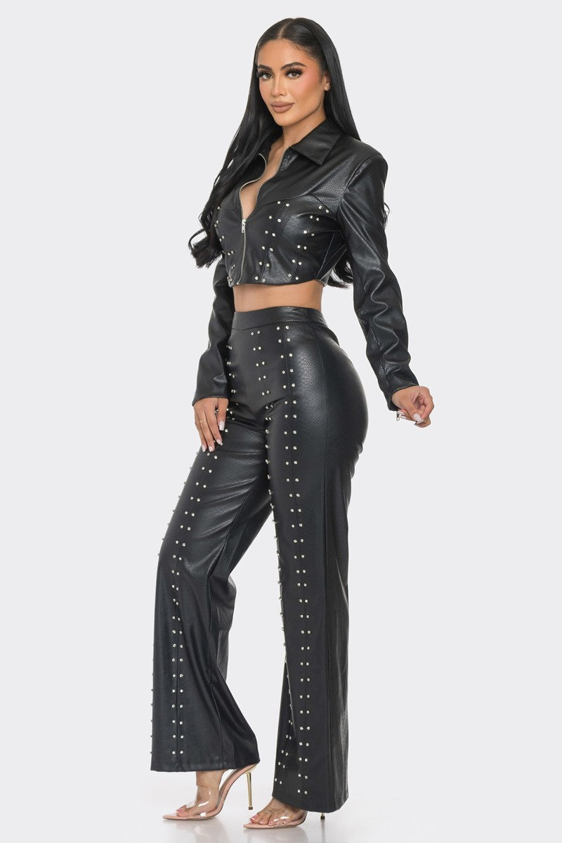 Black - Faux Leather Set With Rhinestones - 2 colors - womens pant set at TFC&H Co.