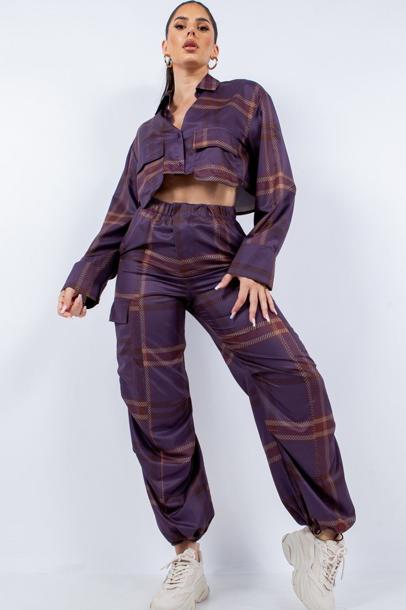 Plum - It's Lit Cropped Shirt & Cargo Pants Outfit Set - 2 colors - womens pants set at TFC&H Co.