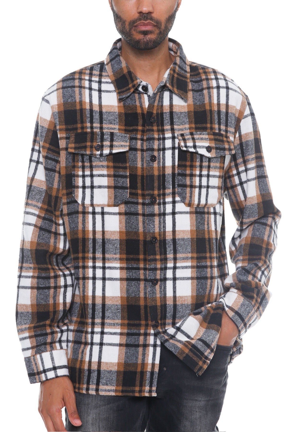 Khaki - Men's Checkered Soft Flannel Shacket - 8 colors - mens button-up shirt at TFC&H Co.
