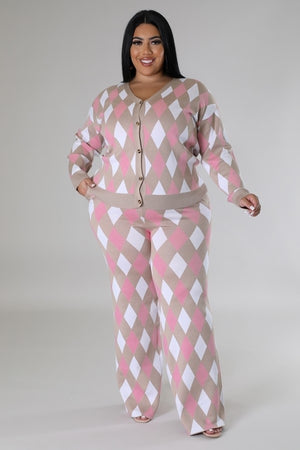 Pink/Multi - Voluptuous (+) Long Sleeve Stretch Pants Outfit Set - 3 colors - womens pants set at TFC&H Co.
