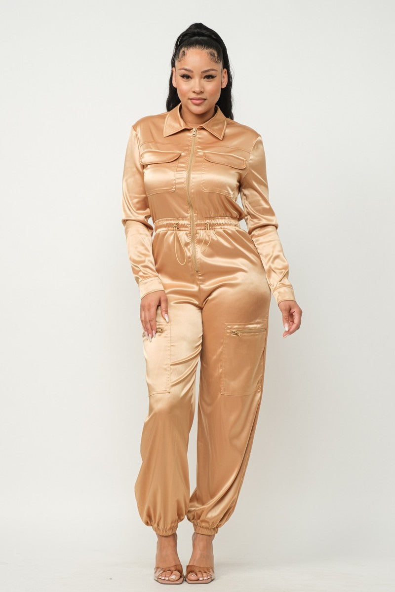 Gold S - Satin Front Zipper Pockets Top And Pants Jumpsuit - 3 colors - womens jumpsuit at TFC&H Co.