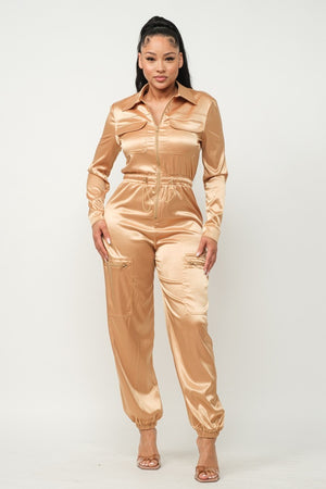 - Satin Front Zipper Pockets Top And Pants Jumpsuit - 3 colors - womens jumpsuit at TFC&H Co.