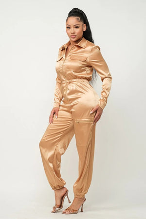 Gold L - Satin Front Zipper Pockets Top And Pants Jumpsuit - 3 colors - womens jumpsuit at TFC&H Co.