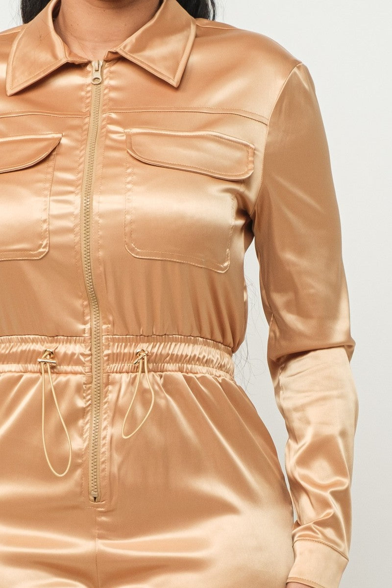 Gold M - Satin Front Zipper Pockets Top And Pants Jumpsuit - 3 colors - womens jumpsuit at TFC&H Co.