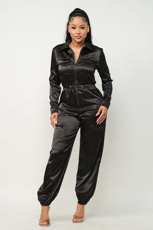 Black S - Satin Front Zipper Pockets Top And Pants Jumpsuit - 3 colors - womens jumpsuit at TFC&H Co.
