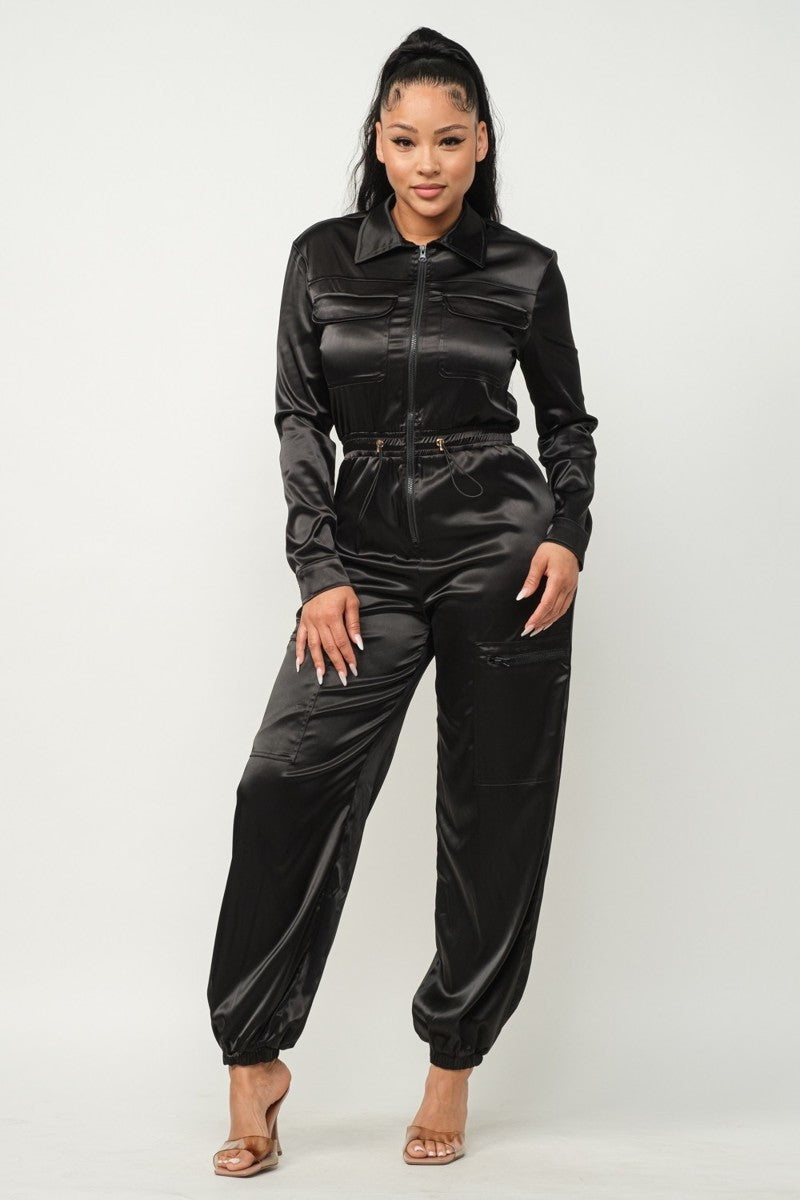 - Satin Front Zipper Pockets Top And Pants Jumpsuit - 3 colors - womens jumpsuit at TFC&H Co.