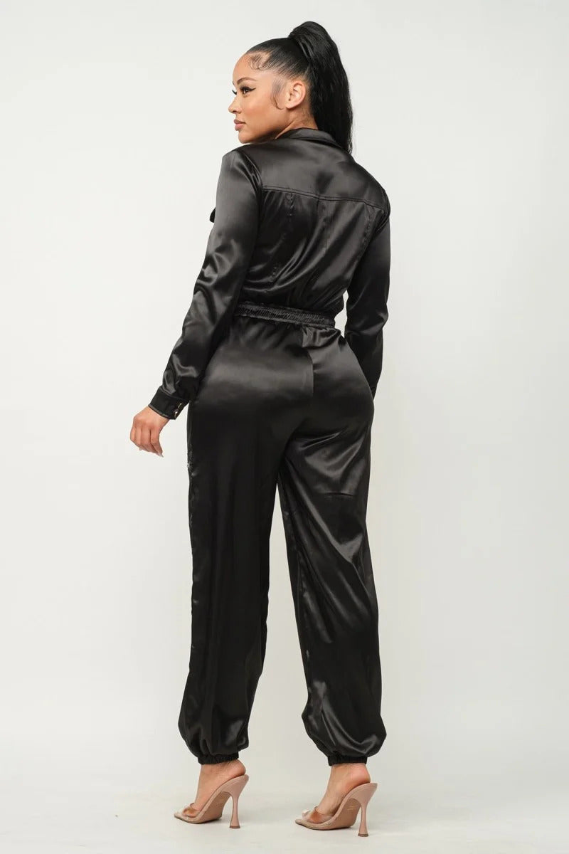 Black L - Satin Front Zipper Pockets Top And Pants Jumpsuit - 3 colors - womens jumpsuit at TFC&H Co.
