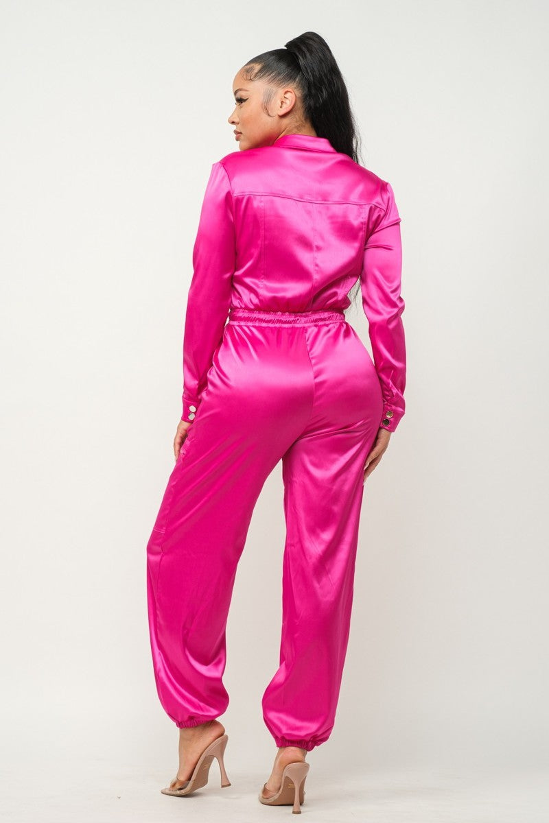 Fuchsia L - Satin Front Zipper Pockets Top And Pants Jumpsuit - 3 colors - womens jumpsuit at TFC&H Co.