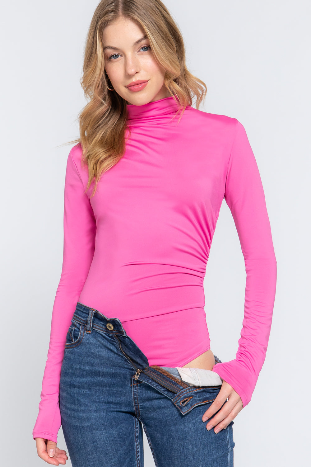 Pink - Long Sleeve High Neck Shirring Detail Ity Knit Bodysuit - 3 colors - womens bodysuit at TFC&H Co.