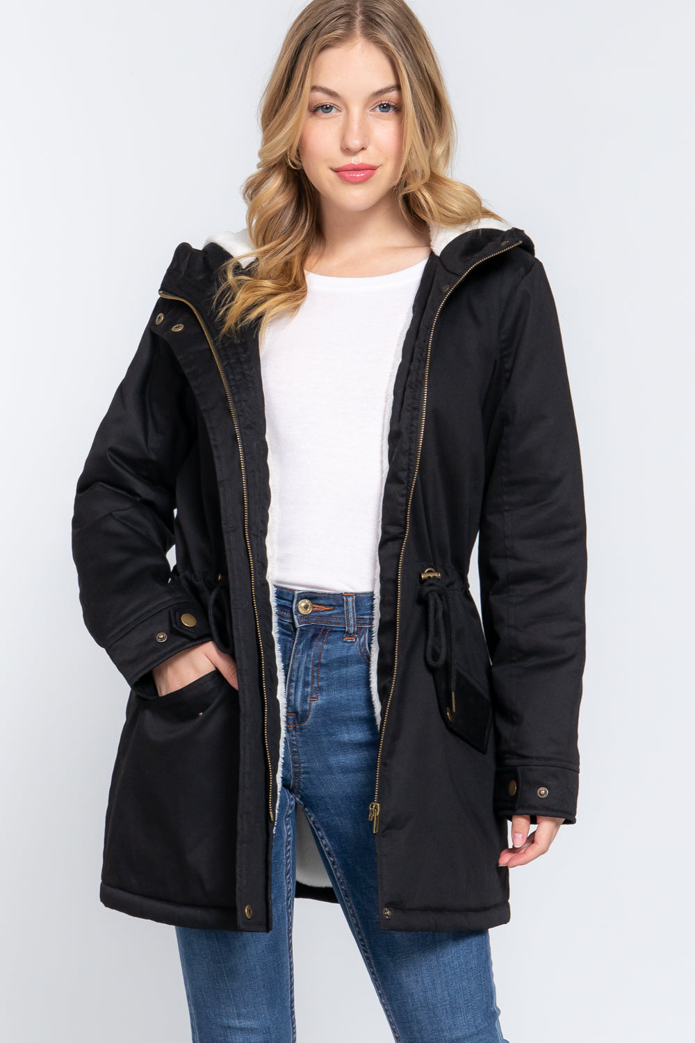 Black S - Fleece Lined Fur Hoodie Utility Jacket - 4 colors - womens jacket at TFC&H Co.